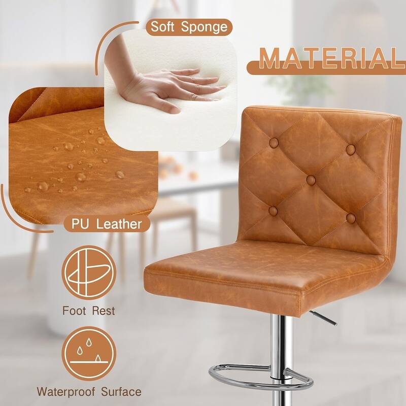 VECELO Bar Stools Set of 2 Armless Adjustable Swivel Modern PU Leather Button Barstools Four Colors are Available