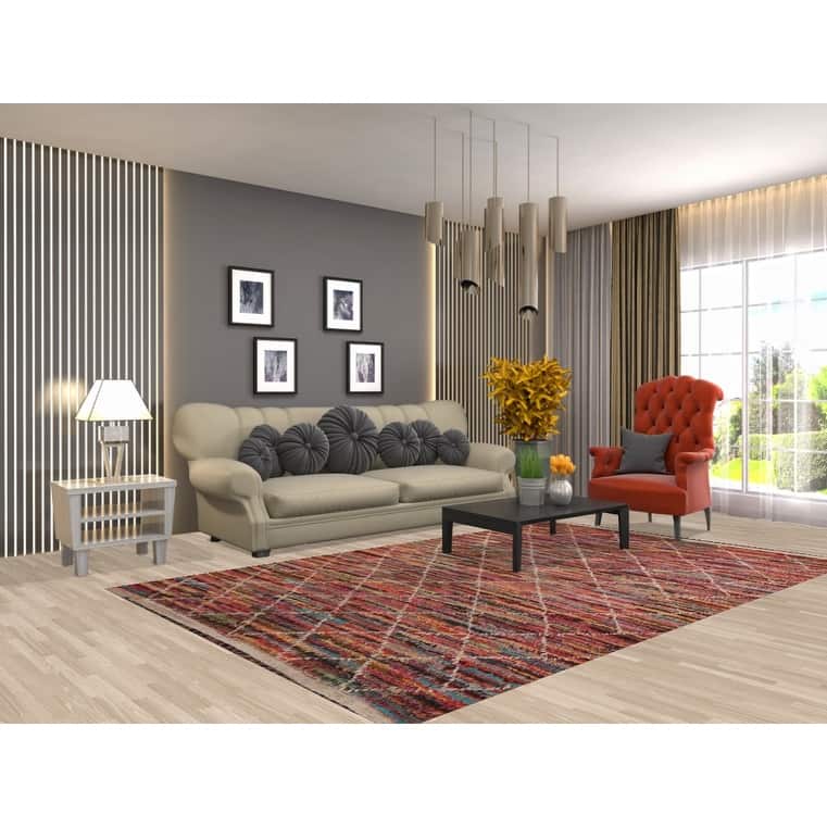 Stripe / Trellis Moroccan Area Rug Handmade Wool Carpet - 5'10" x 9'4"