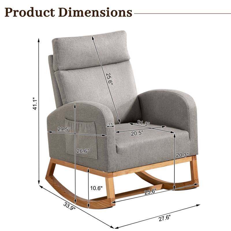 Nursery Chair Rocking Chair Glider Chair, Upholstered Accent Chair with Rubber Wood Legs, Comfy High Backrest, Side Pockets