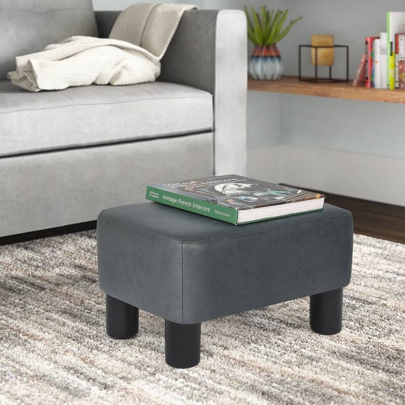 Adeco Small Footstool PU Leather Ottoman Footrest Modern Rectangular - Dark Grey
