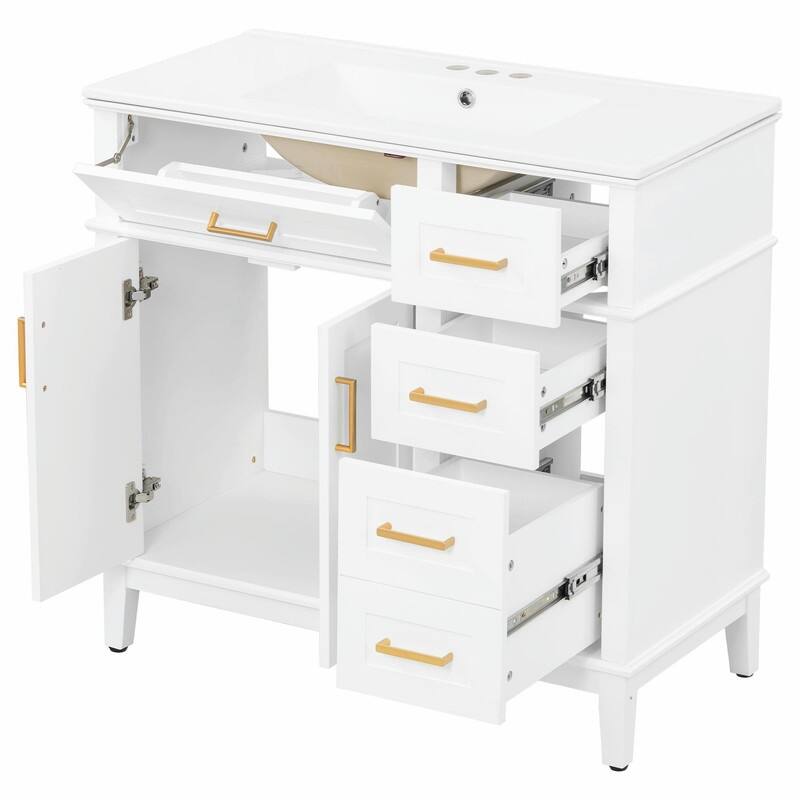 36" Modern Bathroom Vanity with Ceramic Sink, Soft-Close Door and 4 Storage Drawers