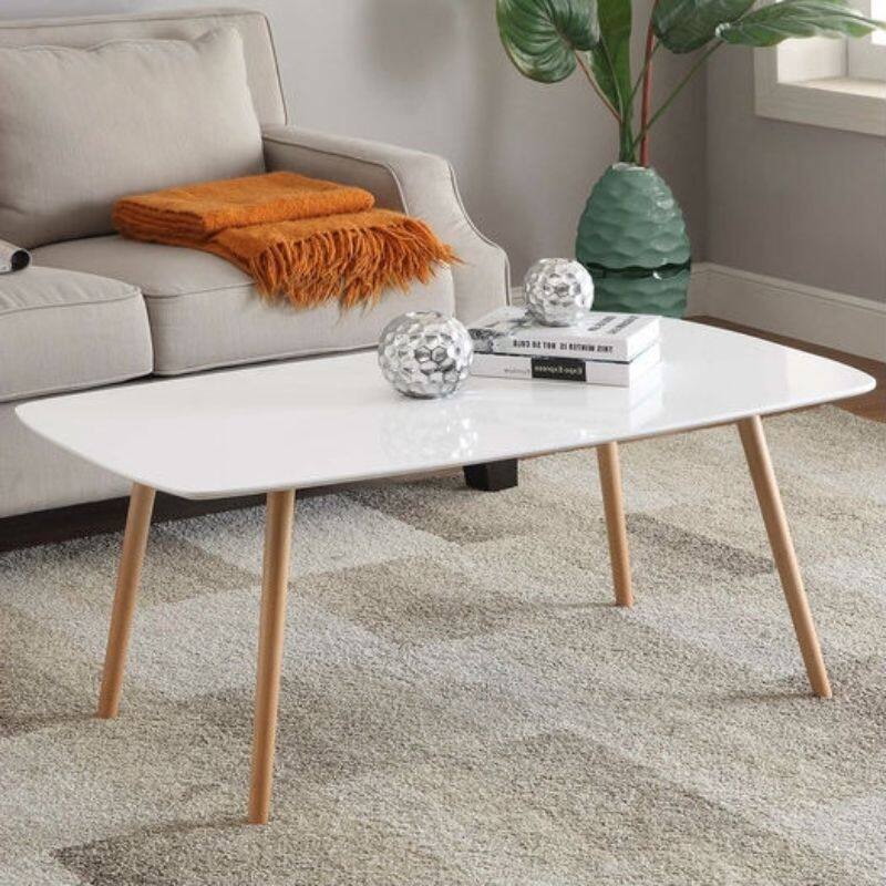Modern Rectangle White Top Coffee Table with Brown Wood Trestle Base and Glossy Finish - 18" H x 43.31" W x 23.62" D