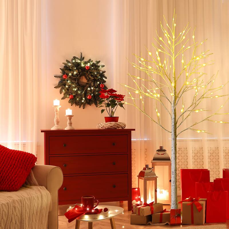 6FT Lighted Birch Tree Artificial White Christmas Tree w Warm Lights