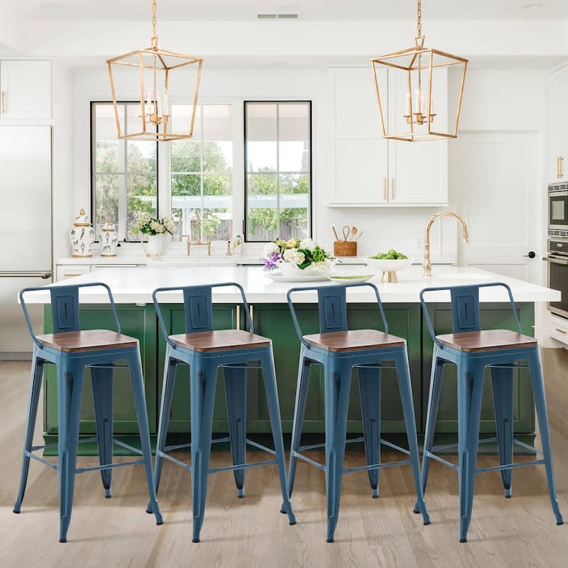 Bar Stools With Back set of 4 Industrial Metal Barstools with Wooden Seats - Navy Blue - Short