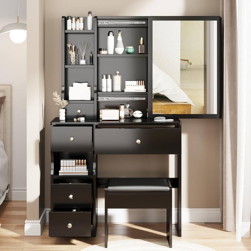 Wooden Makeup Vanity Table with Cushioned Stool