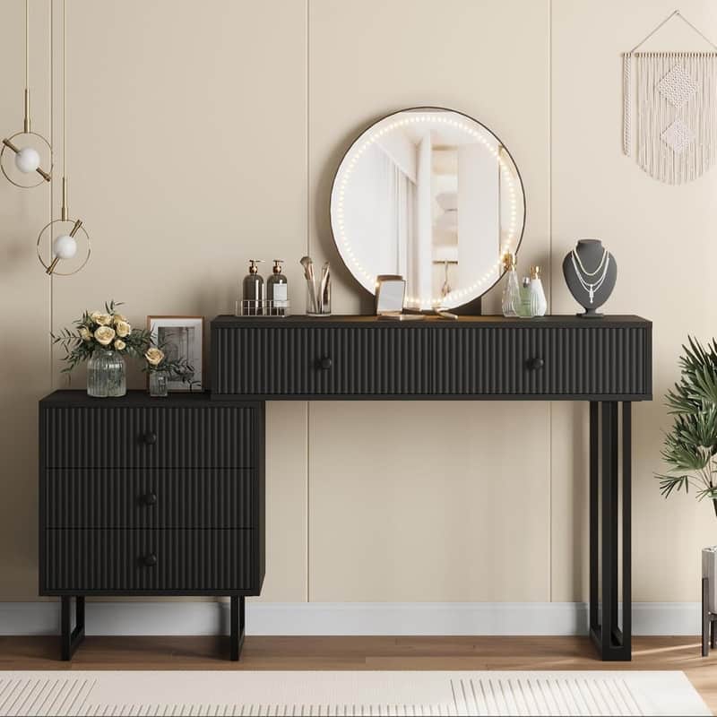 Modern Vanity Desk with LED Mirror, Adjustable Brightness Lights, 5 Drawers
