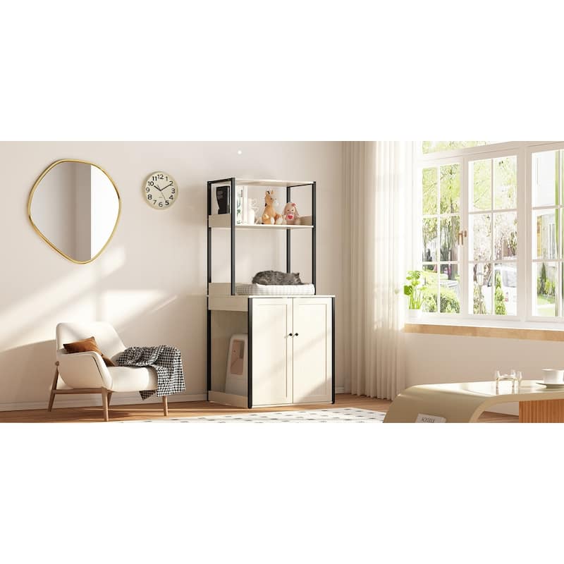 Modern Multipurpose Cat Litter Box Furniture Cabinet,2 Wood Frame.