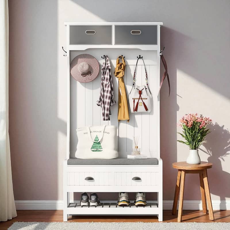 Hall Tree with 6 Hooks & Hinged-Lid Storage Bench, Entryway Coat Rack with Drawers & Shoe Cubbies, 34.2W x 68.5H