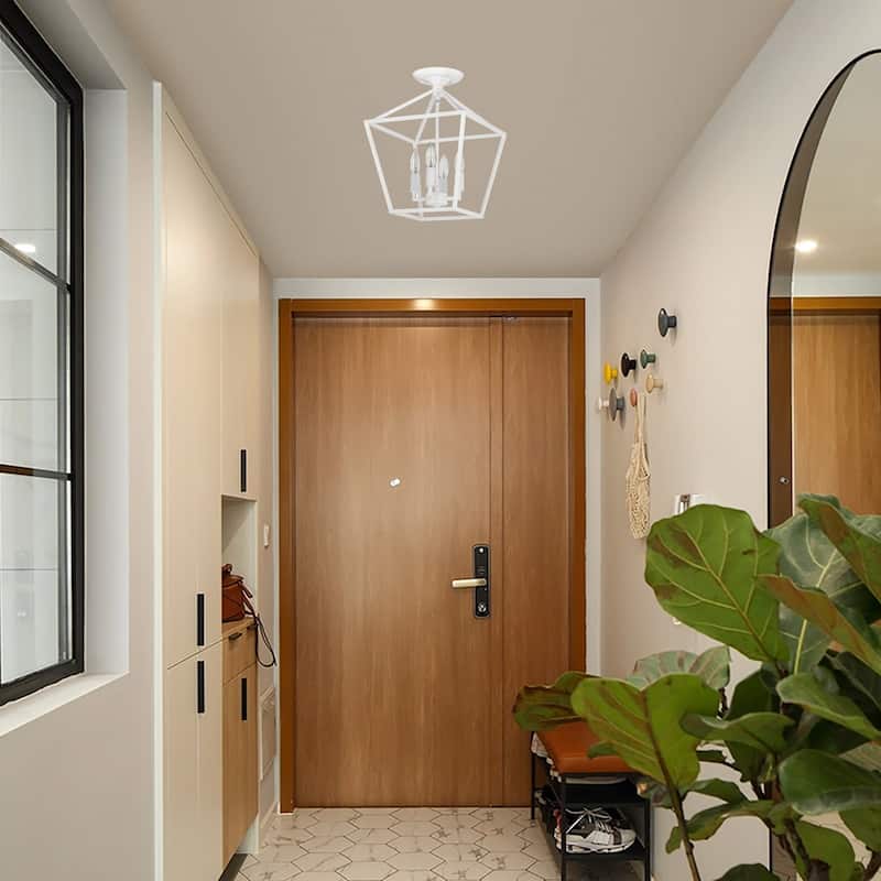 12 in. 4-Light Farmhouse Caged White Semi- Flush Mount Ceiling Light - N/A