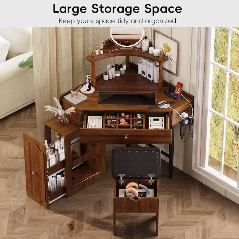 Corner Makeup Vanity Set with Stool & Charging Station, Glass Tabletop Triangle Vanity Dressing Table with Pull-Out Side Cabinet - Walnut