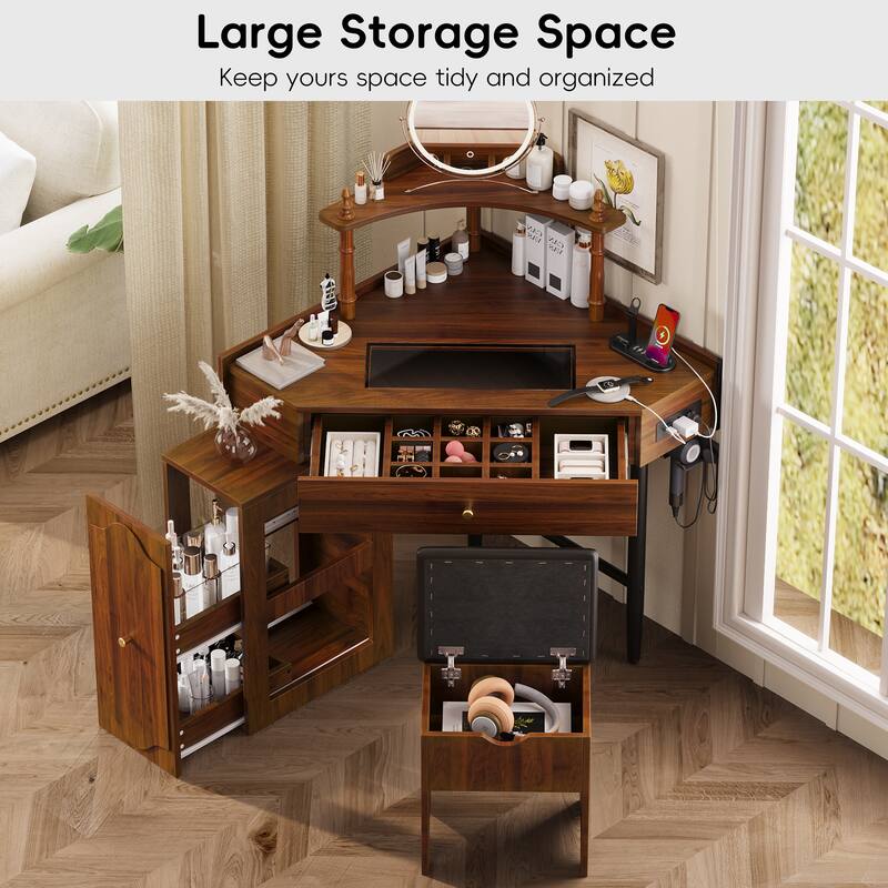 Rossetta Corner Glass Tabletop Vanity Desk Set with Removable Pull-Out Side Cabinet and Charging Station, Matching Stool