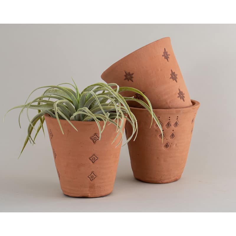 Foreside Home & Garden Set of 3 Natural Handthrown Terracotta Embossed Stamped Planters - 7 x 7 x 7