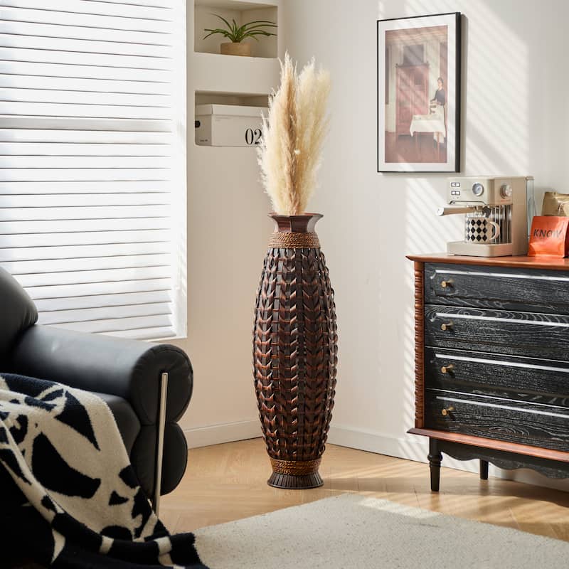 39-Inch Tall Hand-Woven Bamboo Floor Vase - For Dried Or Silk Flower Arrangements