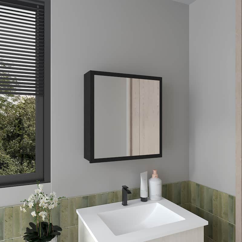 Wall-Mounted Medicine Cabinet - 21.1" H, 19.7" W, 4 Shelves, Mirrored Door, Compact Storage, Modern Design - 19.7X5.7 in - Black + Engineered Wood