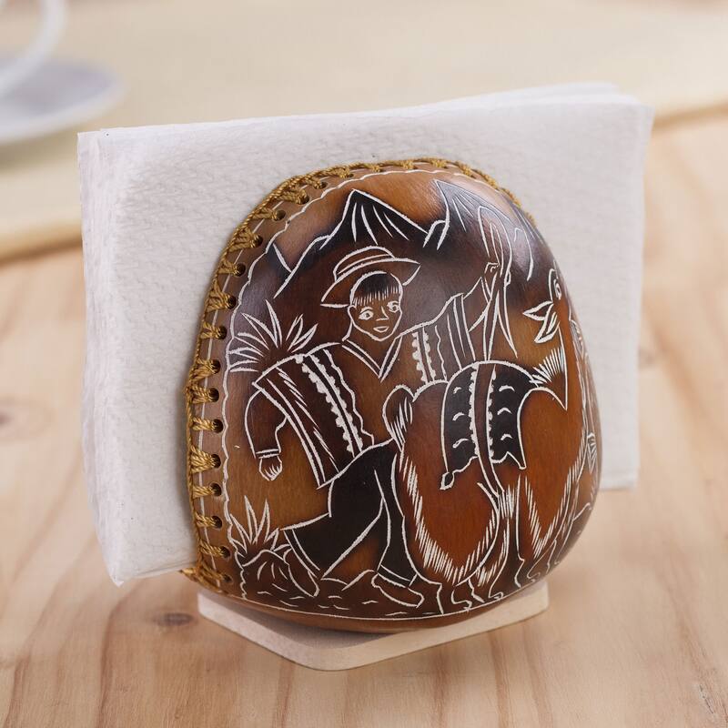 Novica Handmade Pastoral Valley Gourd Napkin Holder