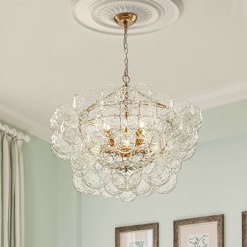 Luxury Brass Hammered Water Glass Globe Cluster Bubble Chandelier - 32 Inches