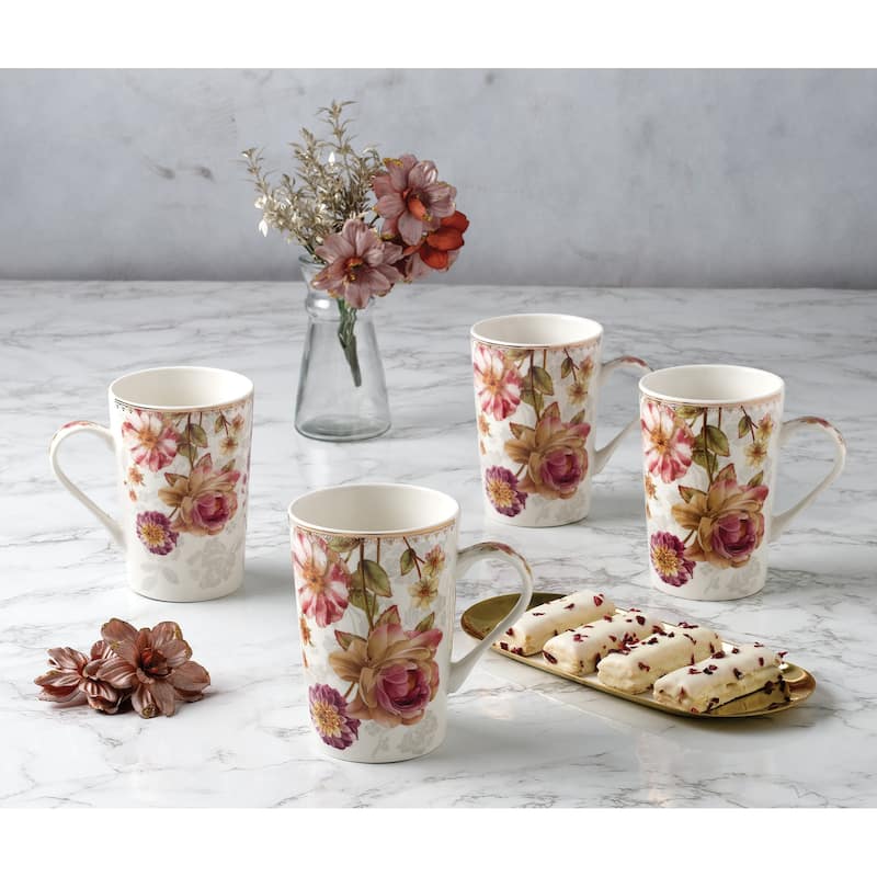 Set of 4 Tall Mugs By Lorren Home Trends Rose Floral
