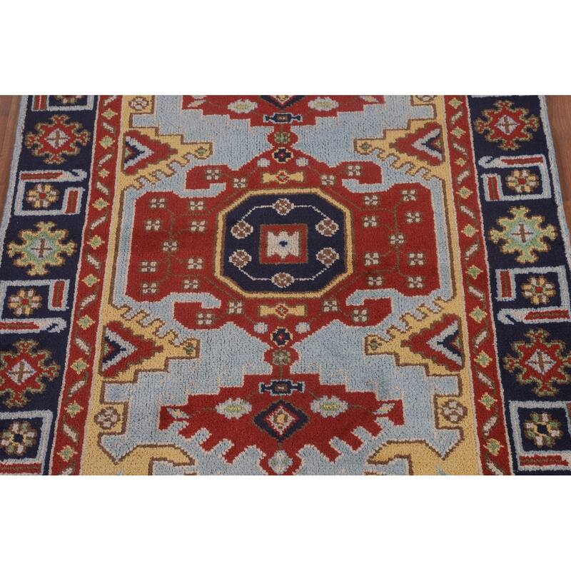 Blue Geometric Kazak Oriental Foyer Rug Handmade Wool Carpet - 4'0"x 5'10"