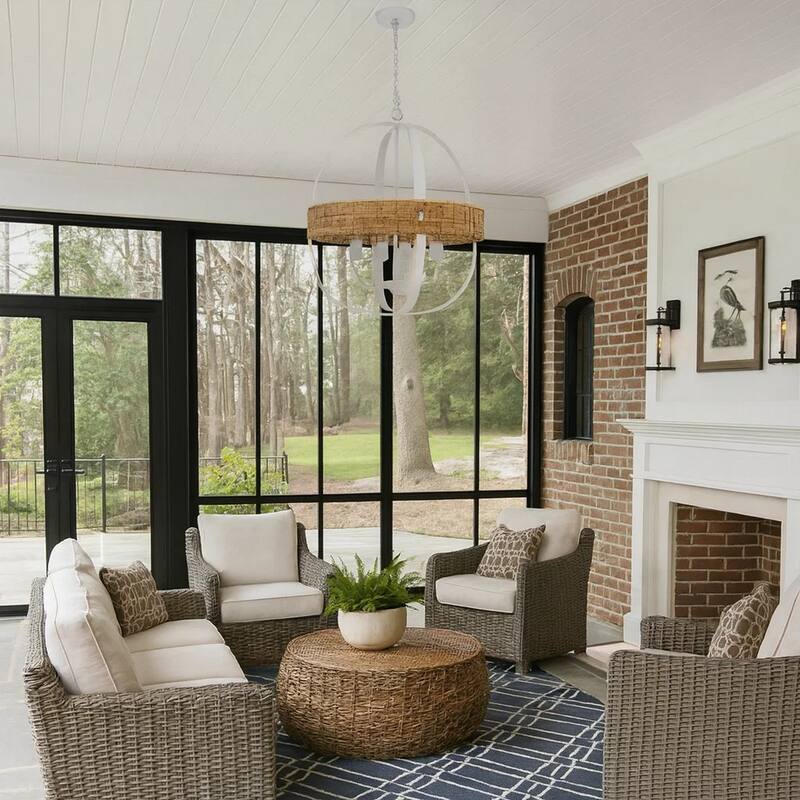 Baty Chandelier, 4 Light Rustic Rattan Round, White Metal 21 Inch