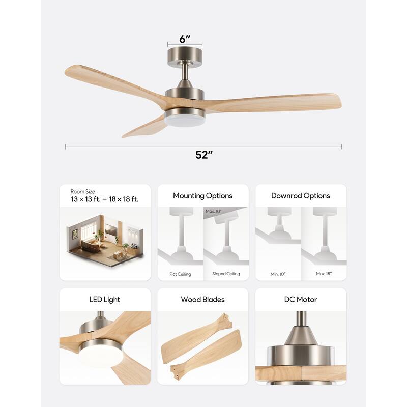 CO-Z 52" 3 -Blade Color-Changing LED Ceiling Fan With Light and Remote
