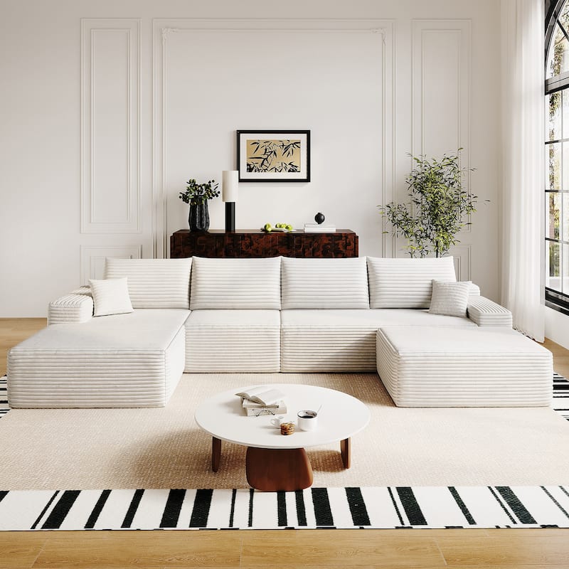 Modular U-shaped Sectional Sofa Symmetrical Deep Seat Sectional Couch with Left Facing Chaise Lounge and Ottoman - White