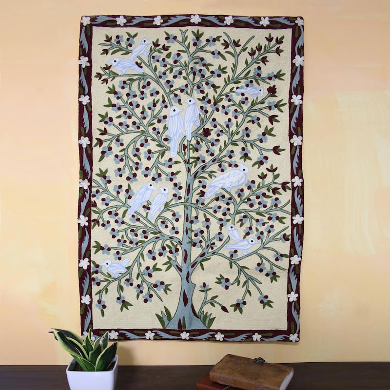 Novica Handmade Abode Of Birds I Wool Chain Stitch Tapestry
