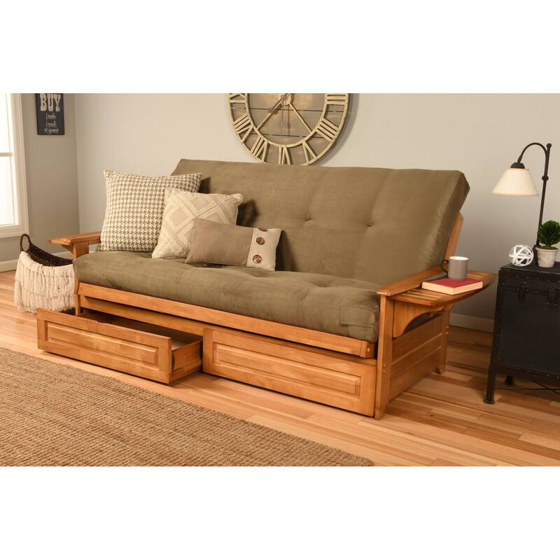 Somette Phoenix Butternut Futon Set with Storage Drawers and Mattress
