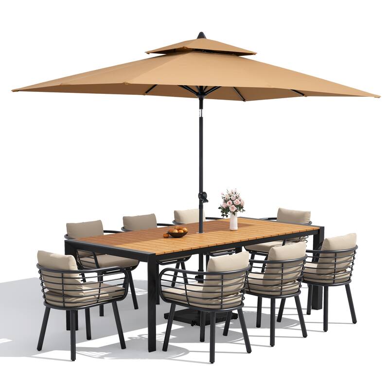 9/11-Piece Outdoor Dining Set w/10 ft Umbrella and Base Aluminum Dining Table and Chairs with Sunbrella Cushions