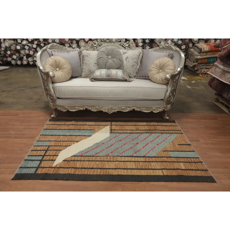 Hand Woven Oriental 100% Wool Carpet Southwestern Modern Brown Kilim Area Rug - 5' 11'' X 4' 4''