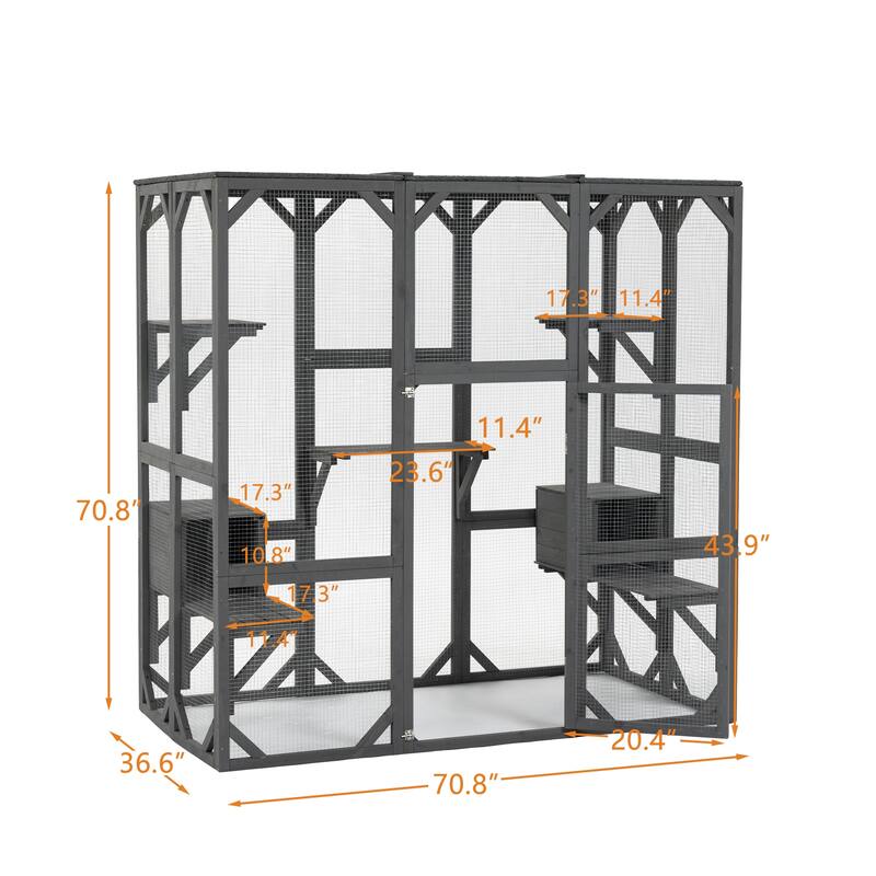 Outdoor Wooden Cat House, Large Outdoor Cat Enclosure with Small House, Cat Cage with 5 Platforms & Waterproof Top - Grey