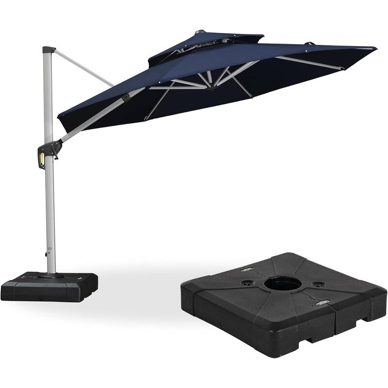 PURPLE LEAF Double Top 11/12/13ft Round Umbrella Large Cantilever Outdoor Classic Umbrella with Base - Navy Blue/11ft