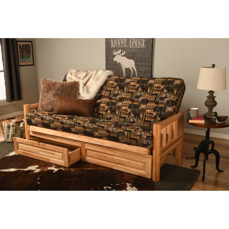 Somette Lodge Storage Futon Set in Natural Finish with Printed Mattress - Peter's Cabin
