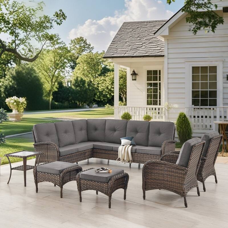 Gymojoy L-Shaped Outdoor Sectional Sofa Set with Patio Chairs, Ottomans & Side Table - Grey - 6-Piece