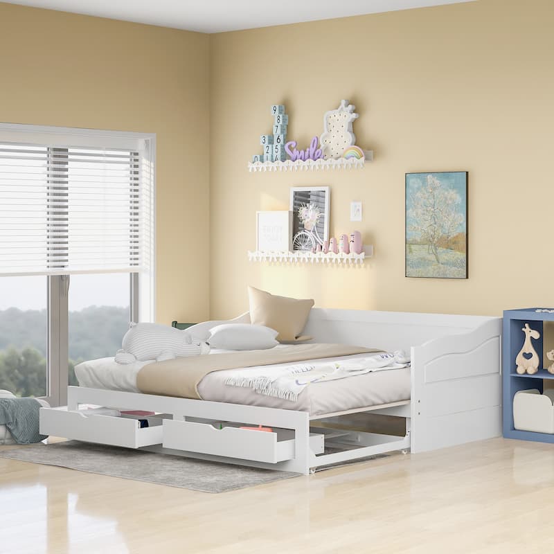 Wooden Daybed with Trundle Bed and Two Storage Drawers , Extendable Bed