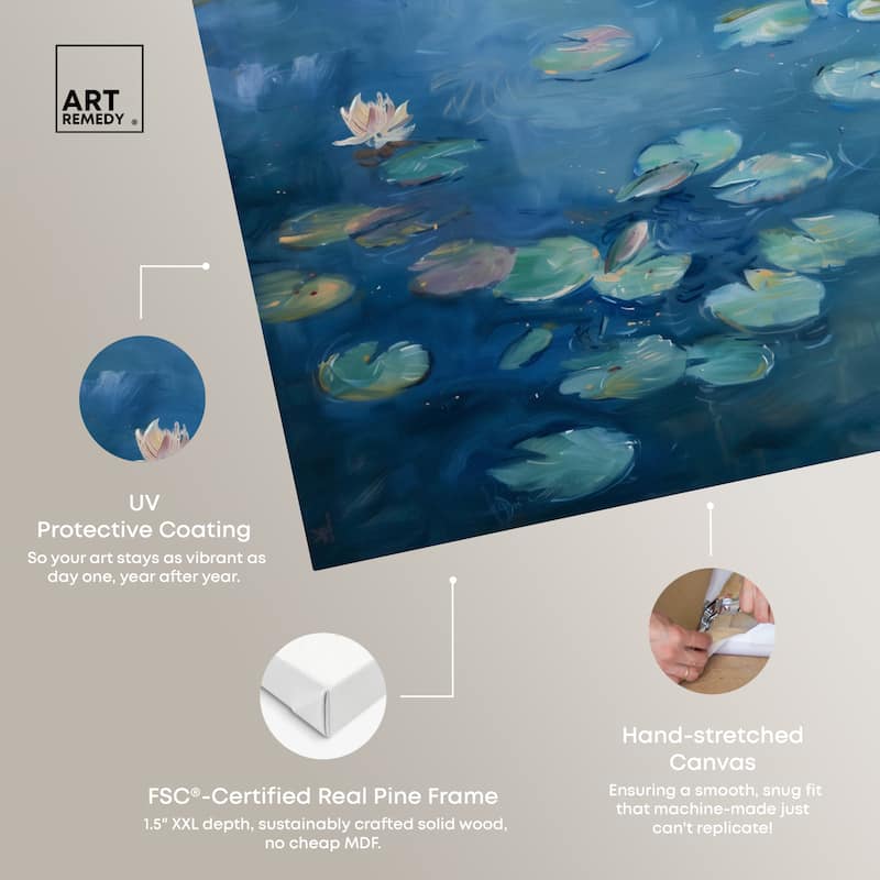 Art Remedy Lilypads In Blues Gallery Wrapped Impressionism 1 Piece Canvas Wall Art /Monet And Van Gogh Inspired Art
