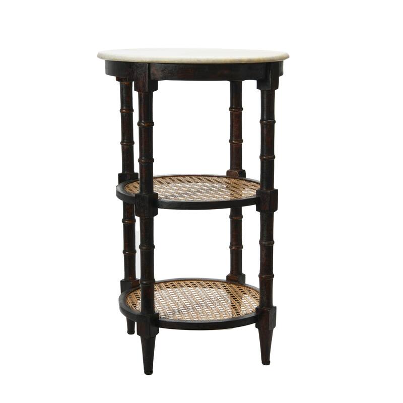 End Table with Genuine Marble Top and 2 Woven Cane Storage Shelves
