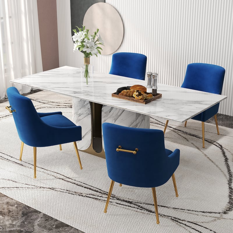 SEYNAR Velvet Upholstered Dining Chair Set of 4, Modern Glam Armless Side Chair - Navy