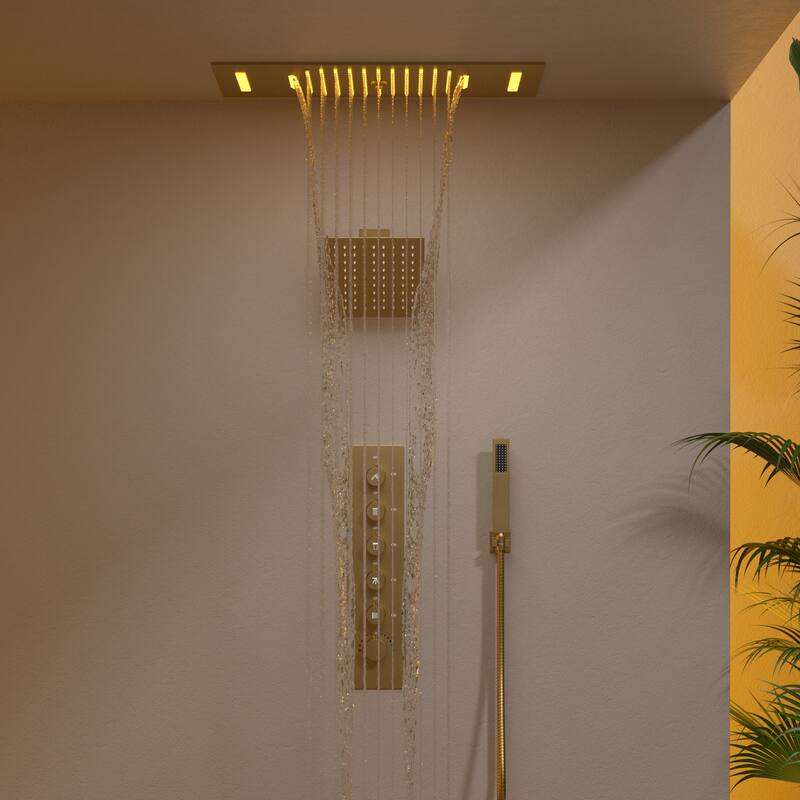 GRANDJOY LED Music Shower System 22" & 6" Dual Shower Heads with Handheld Spray - Brushed Gold