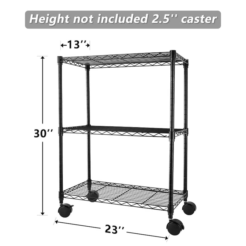 Heavy Duty 3-Shelf Shelving Steel Organizer Wire Rack with Wheels, Adjustable Storage Units,Black - 23" W x 13" D x 30" H
