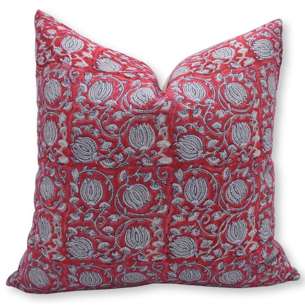 Fabdivine Red Handmade Block Print Floral Throw Pillow Cover Linen