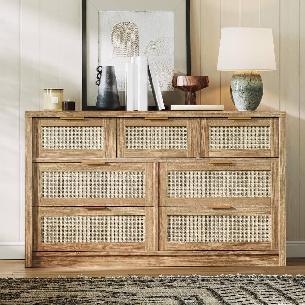 6/7-Drawer Dresser for Bedroom, Rattan Dresser Modern Wood Chest with Metal Handles