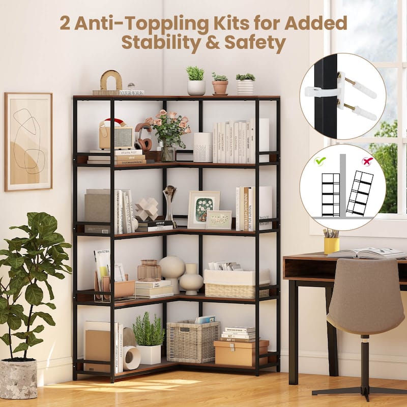 Costway Corner Bookshelf 5-Tier L-Shaped Bookcase 71" Tall Etagere - See Details