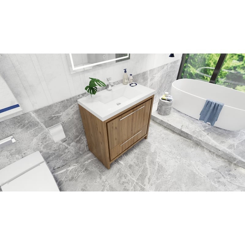 dolce 36 natural oak finish freestanding bath vanity with single basin reinforced acrylic top