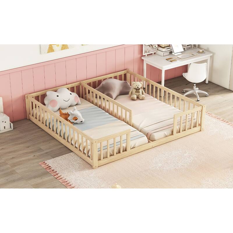Roomfitters Double Twin Floor Bed Frame with Fence and Guardrails, Low Profile Shared Platform Bed, No Door Design