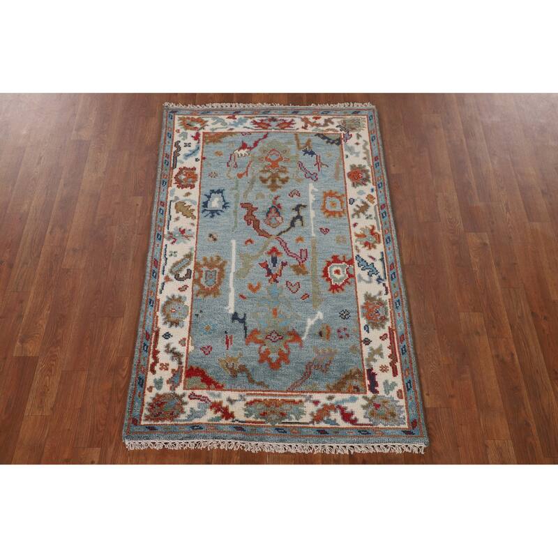 Transitional Blue Oushak Oriental Accent Rug Handmade Wool Carpet - 3'1"x 4'10"