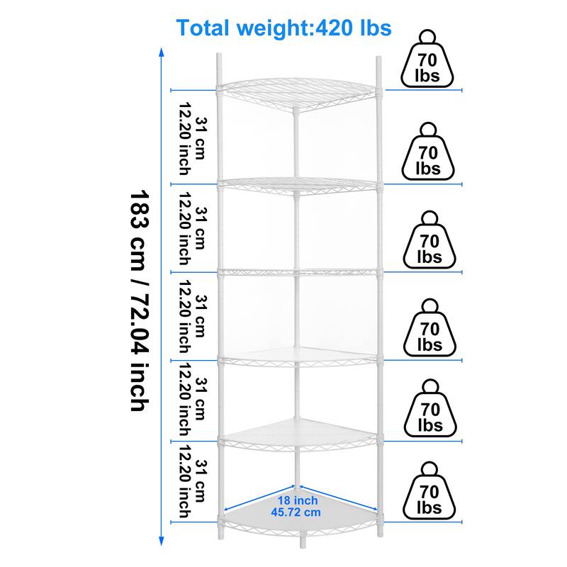 6 Tier Adjustable Metal Heavy Duty Free Standing Corner Storage Display Chrome Rack ﻿