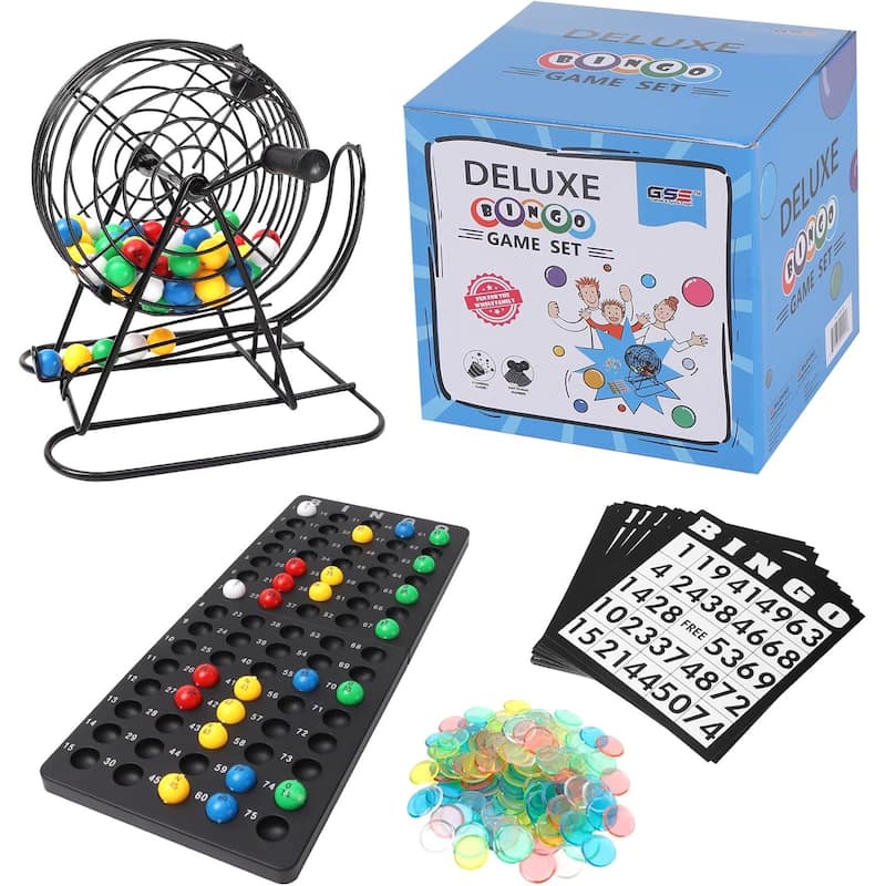 GSE™ Deluxe Bingo Game Set for Kids & Adults, Family - Roller Cage and Board, 75 Bingo Balls, 300 Bingo Chips, 50 Bingo Cards - 16 Years and Up