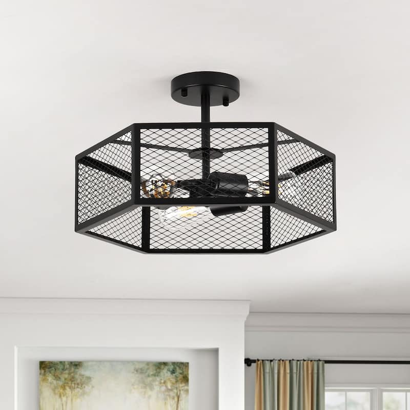 3-Light Farmhouse Drum Black Caged Semi Flush Mount - Matte Black - N/A