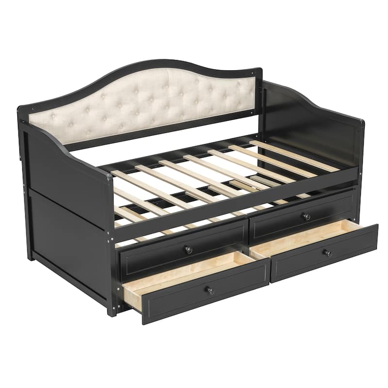 Wooden Frame Day Bed, Twin Size Daybed with Trundle Bed, Upholstered Tufted Button Backrest Sofa Bed with 2 Storage Drawers