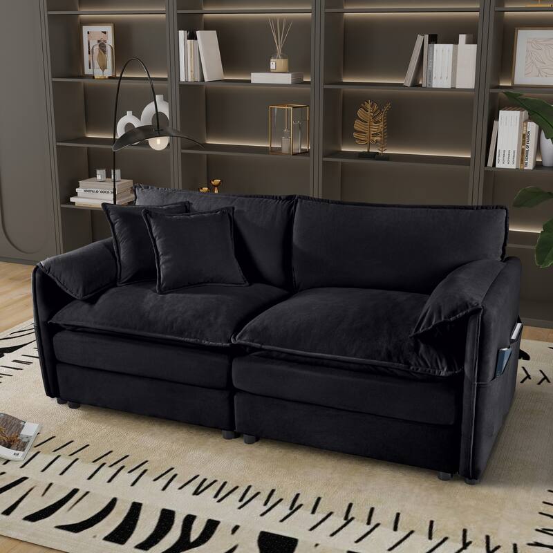 Oversized Cloud Couch Chenille Loveseat Sofa with Side Pockets, Armrest Pillows, Deeper Seat and Thickened Seat Cushions - Black